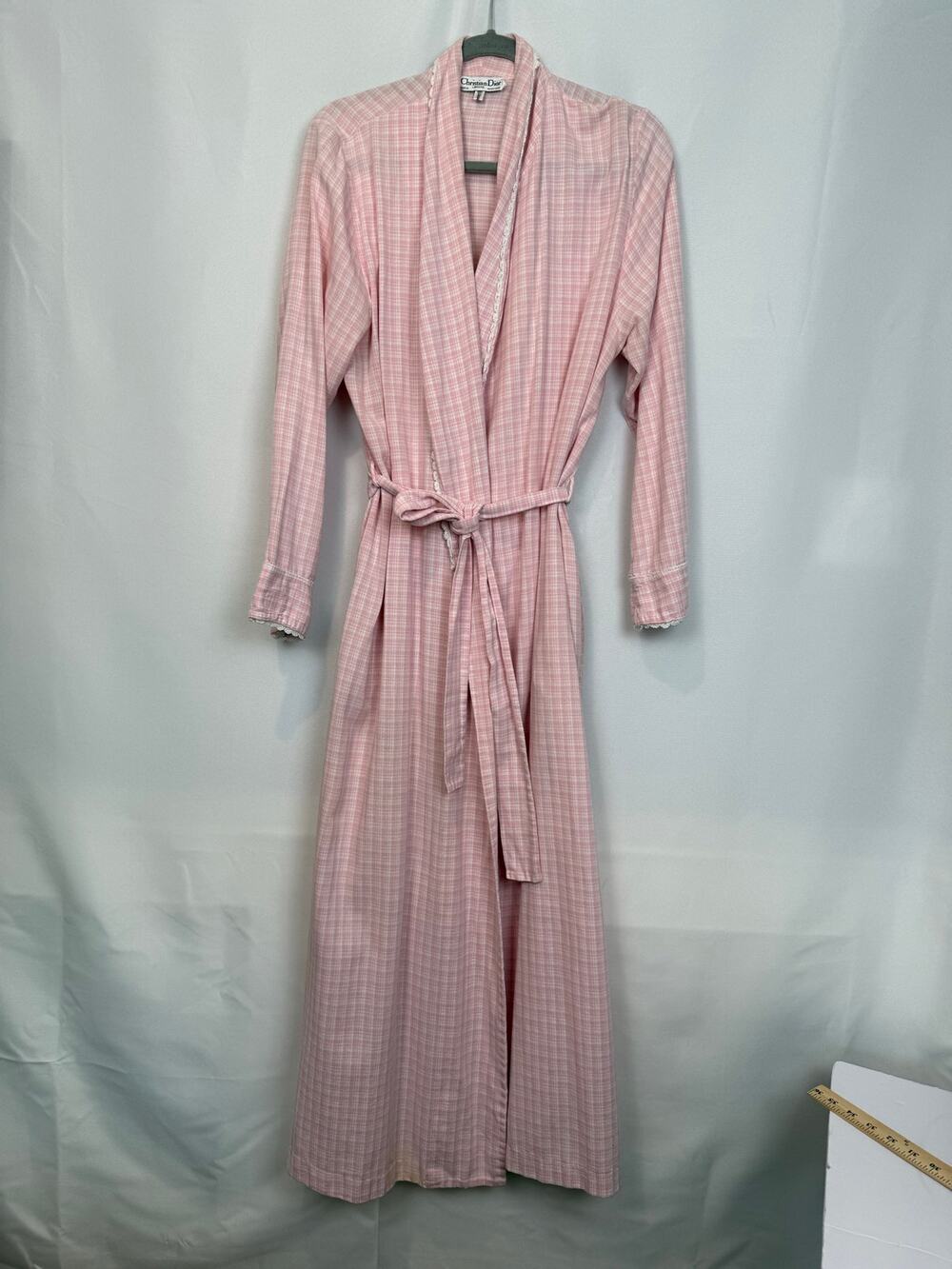 Christian Dior Womens Vintage Pink Plaid Lace Trim Robe Size Small Cottagecore